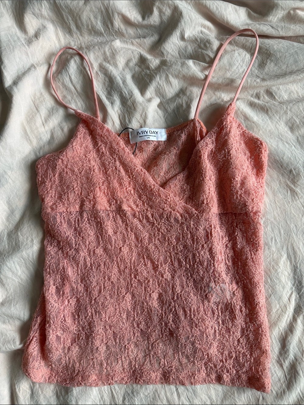 Ivory Day pink / coral  coquette Lace camisole with Adjustable Spaghetti Straps